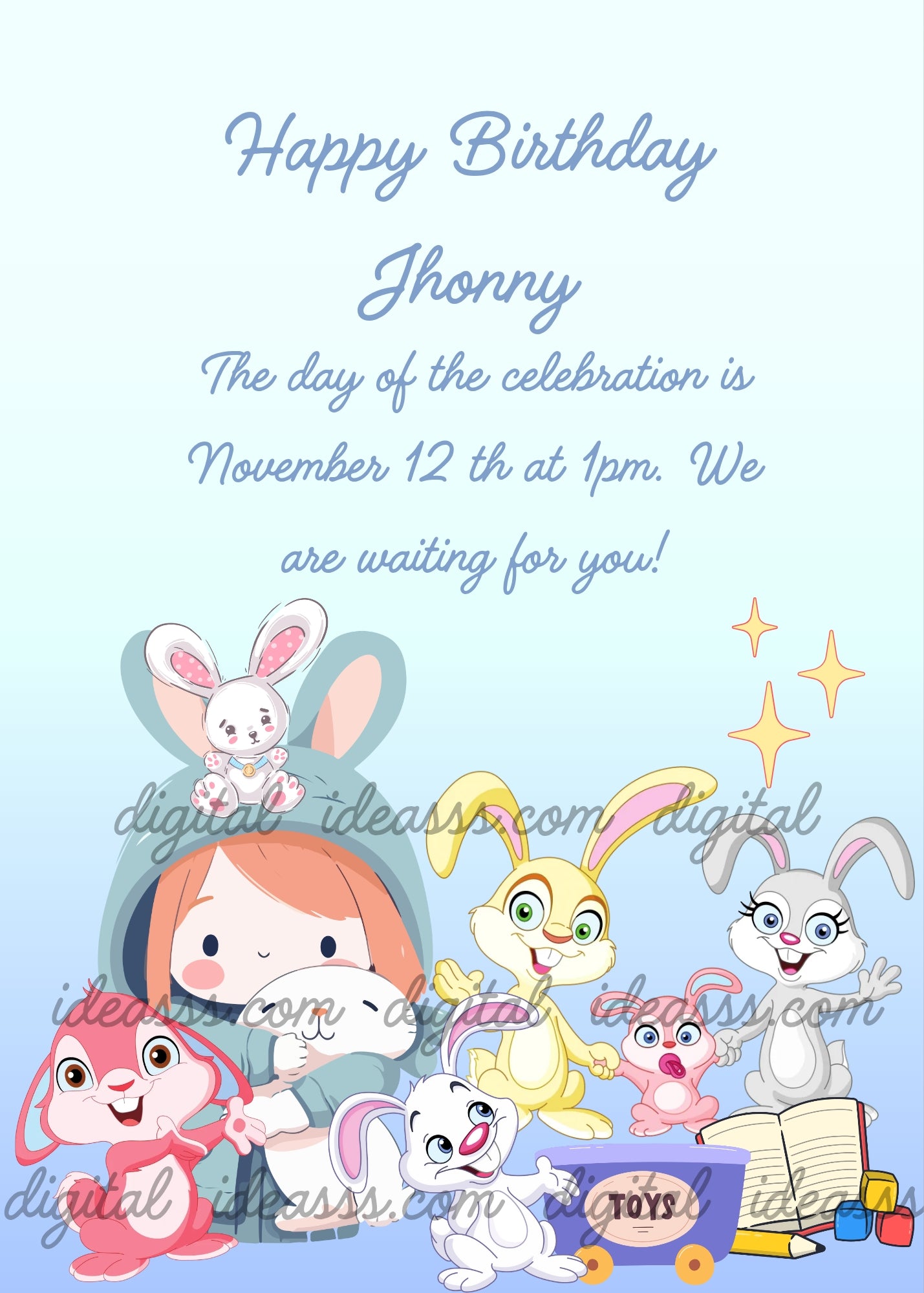 Sweet girl in grey bunny costume hugging a white bunny, surrounded by colorful kawaii bunnies, golden stars, a toy cart and crayons on a soft light blue gradient background — birthday card for children aged 1 to 9  