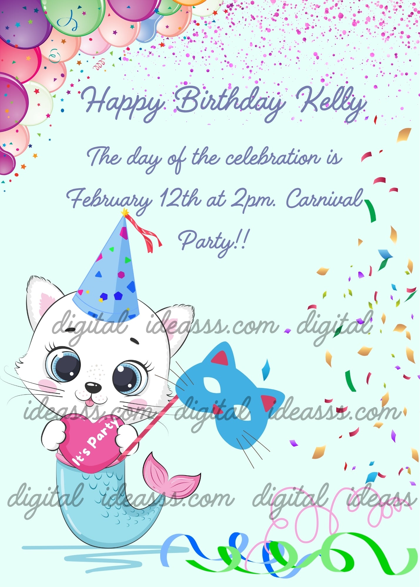 Cute white kitten with blue party hat and blue cat mask, light blue mermaid tail, holding a pink heart, colorful balloons and confetti on light blue background — birthday card for children aged 1 to 9
