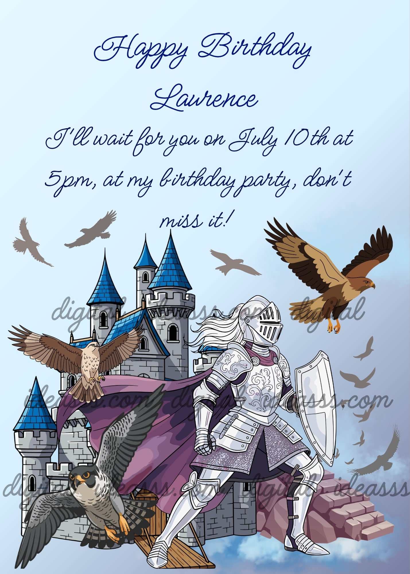 A brave knight in shining white armor with a flowing purple cape standing in front of a gray stone medieval castle with blue rooftops and a drawbridge, with majestic hawks soaring in the foreground and silhouettes of birds of prey in the soft blue sky — birthday card for boys aged 10 to 14