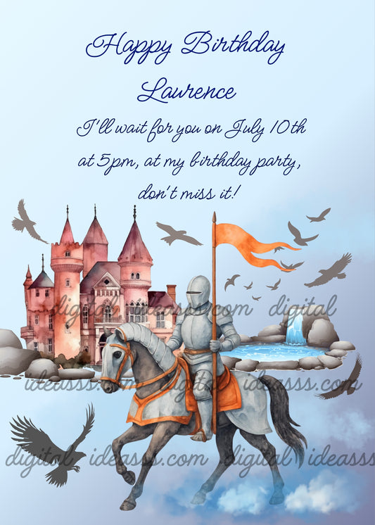 An armored knight on a grey horse holding an orange flag, beside a pink stone castle with a waterfall and rocks, surrounded by flying hawks in a light blue sky background — printable birthday card for boys ages 10 to 14