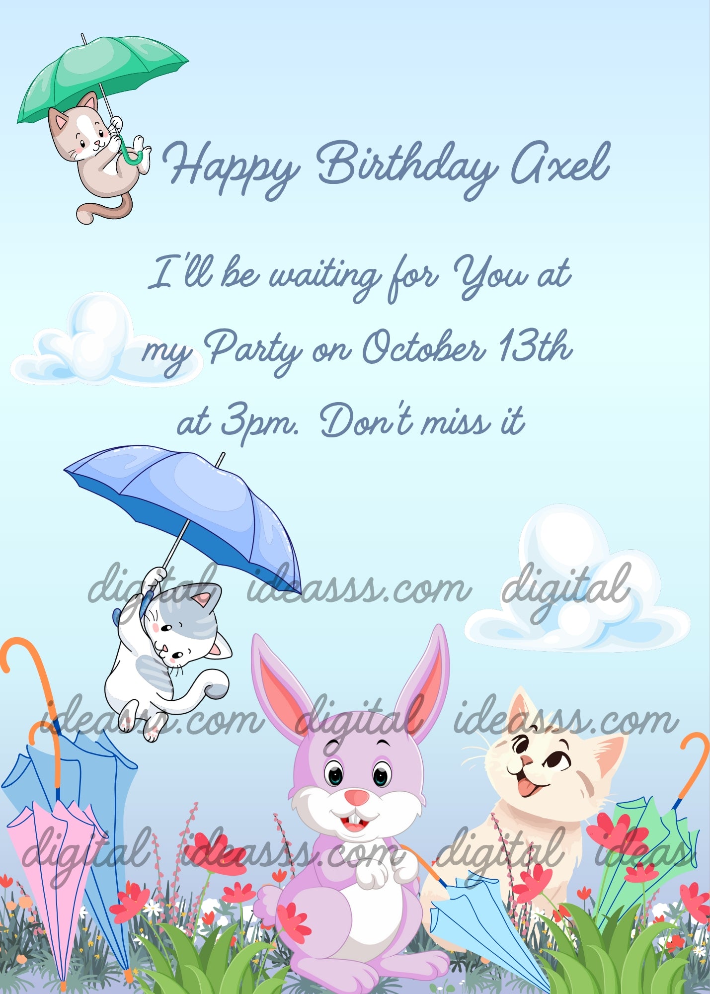 Two kittens fly with colorful umbrellas while a bunny and a kitten watch from the meadow below - printable birthday card for kids 1-12