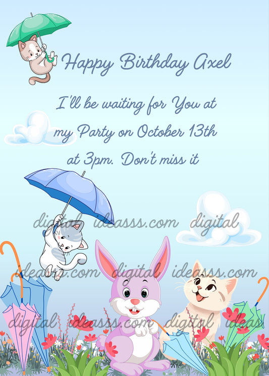 Two kittens fly with colorful umbrellas while a bunny and a kitten watch from the meadow below - printable birthday card for kids 1-12