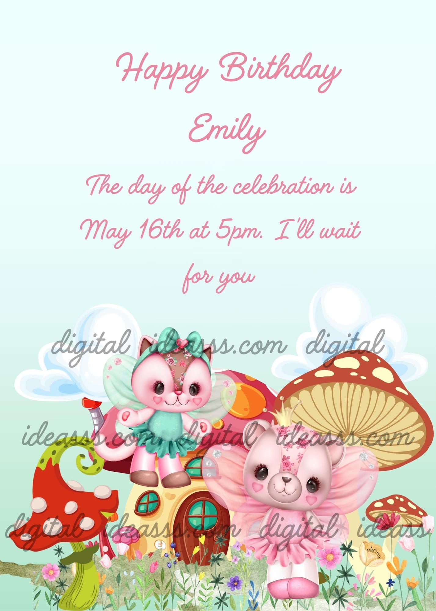 Two cute kawaii cat fairies with pink wings in front of a colorful mushroom house among flowers and toadstools on a soft blue background — printable birthday card for children ages 1 to 8