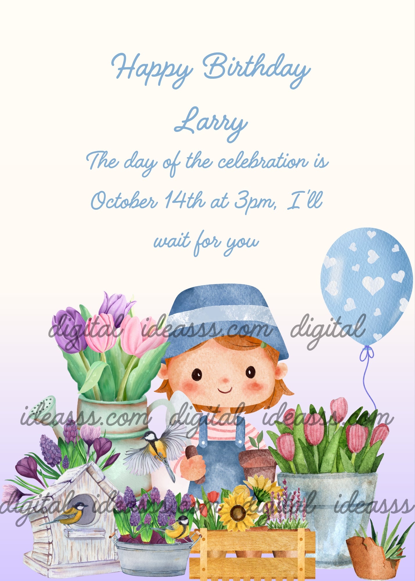 Cute boy with blue cap and overalls holding a trowel, flower pots with tulips and sunflower, white birdhouse with birds and blue balloon on a cream and lilac gradient background — birthday card for boys aged 5 to 12