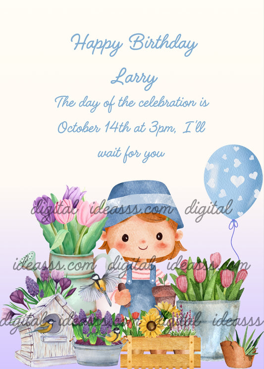 Cute boy with blue cap and overalls holding a trowel, flower pots with tulips and sunflower, white birdhouse with birds and blue balloon on a cream and lilac gradient background — birthday card for boys aged 5 to 12
