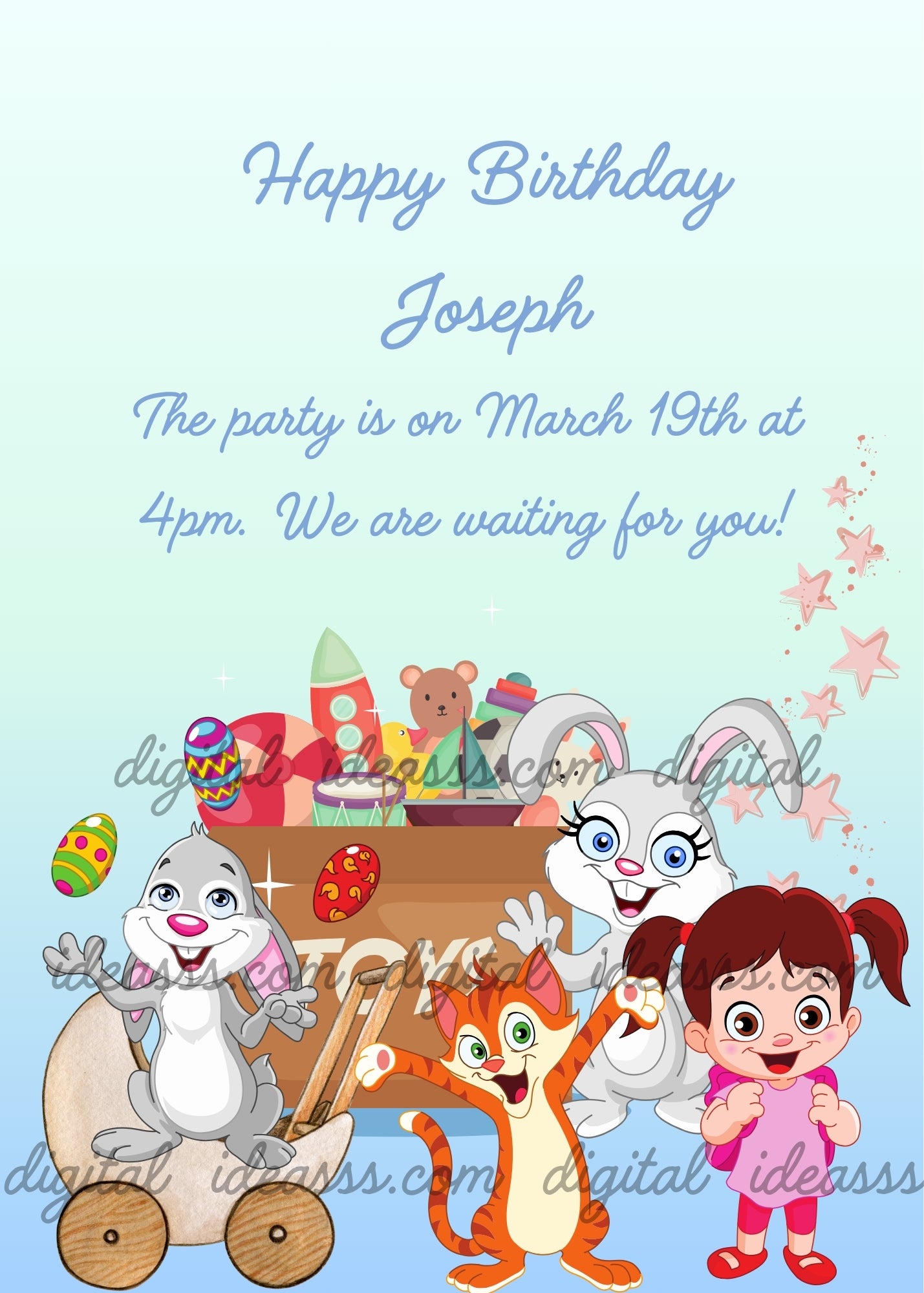 Smiling girl with pigtails, orange kitten, two grey bunnies and a toy cart full of colorful toys with rocket and drum, while a juggling bunny tosses colorful marbles in the air, on a light blue gradient background with pink stars — birthday card for children aged 5 to 12 