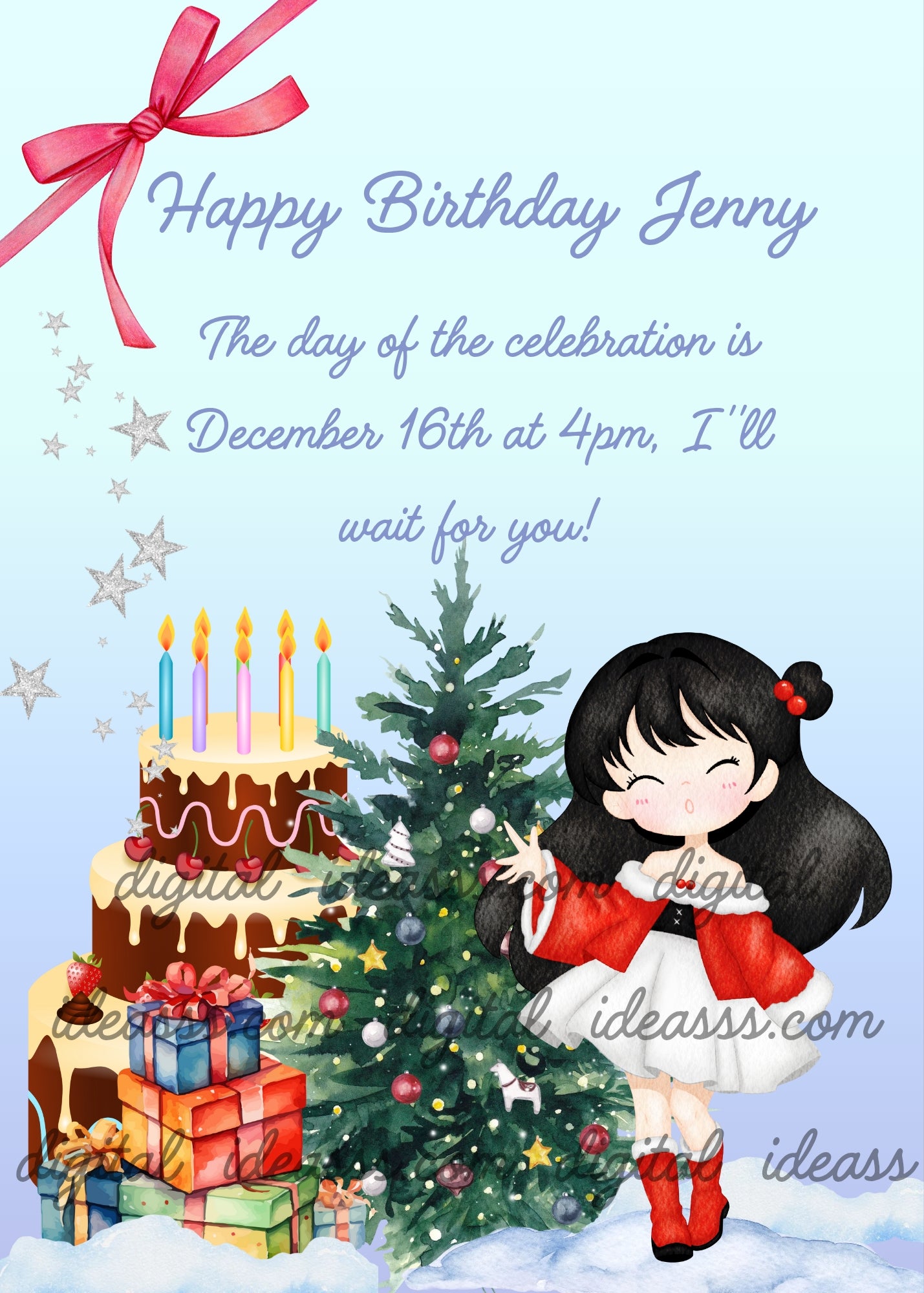  A cute girl with black hair in a red and white Christmas outfit standing next to a decorated Christmas tree with colorful ornaments, a tall chocolate birthday cake with colorful candles and cherries, and a stack of colorful gift boxes, with silver stars and a pink ribbon bow on a soft blue gradient background — birthday card for children aged 6 to 14
