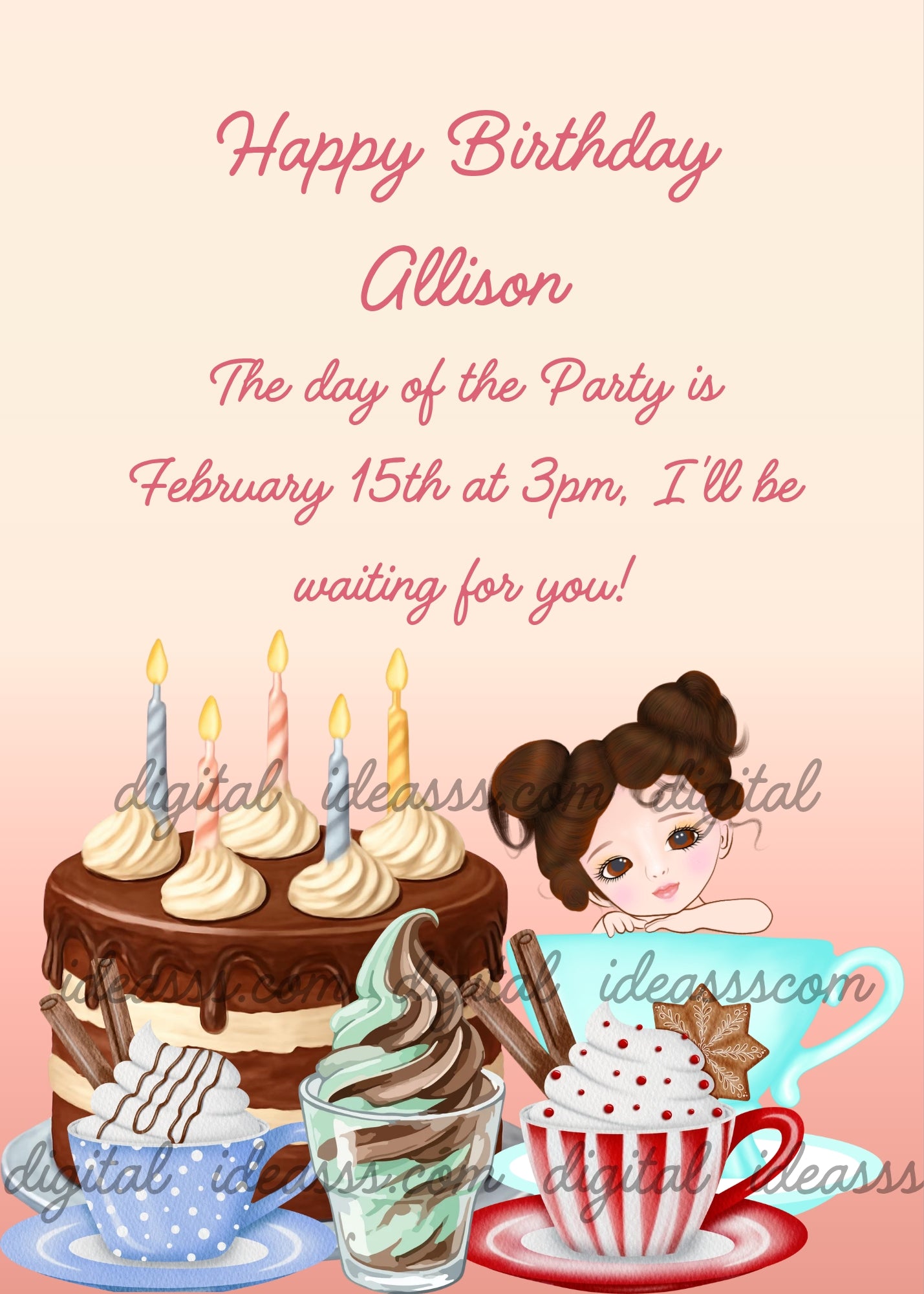  Elegant cartoon girl with dark hair in two buns peeking from inside a light-blue cup, surrounded by a large chocolate birthday cake with candles and cream, colorful cups of hot chocolate and ice cream on a soft pink gradient background — birthday card for girls aged 6 to 14