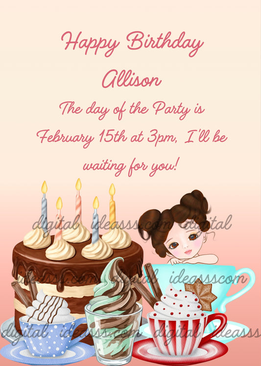  Elegant cartoon girl with dark hair in two buns peeking from inside a light-blue cup, surrounded by a large chocolate birthday cake with candles and cream, colorful cups of hot chocolate and ice cream on a soft pink gradient background — birthday card for girls aged 6 to 14