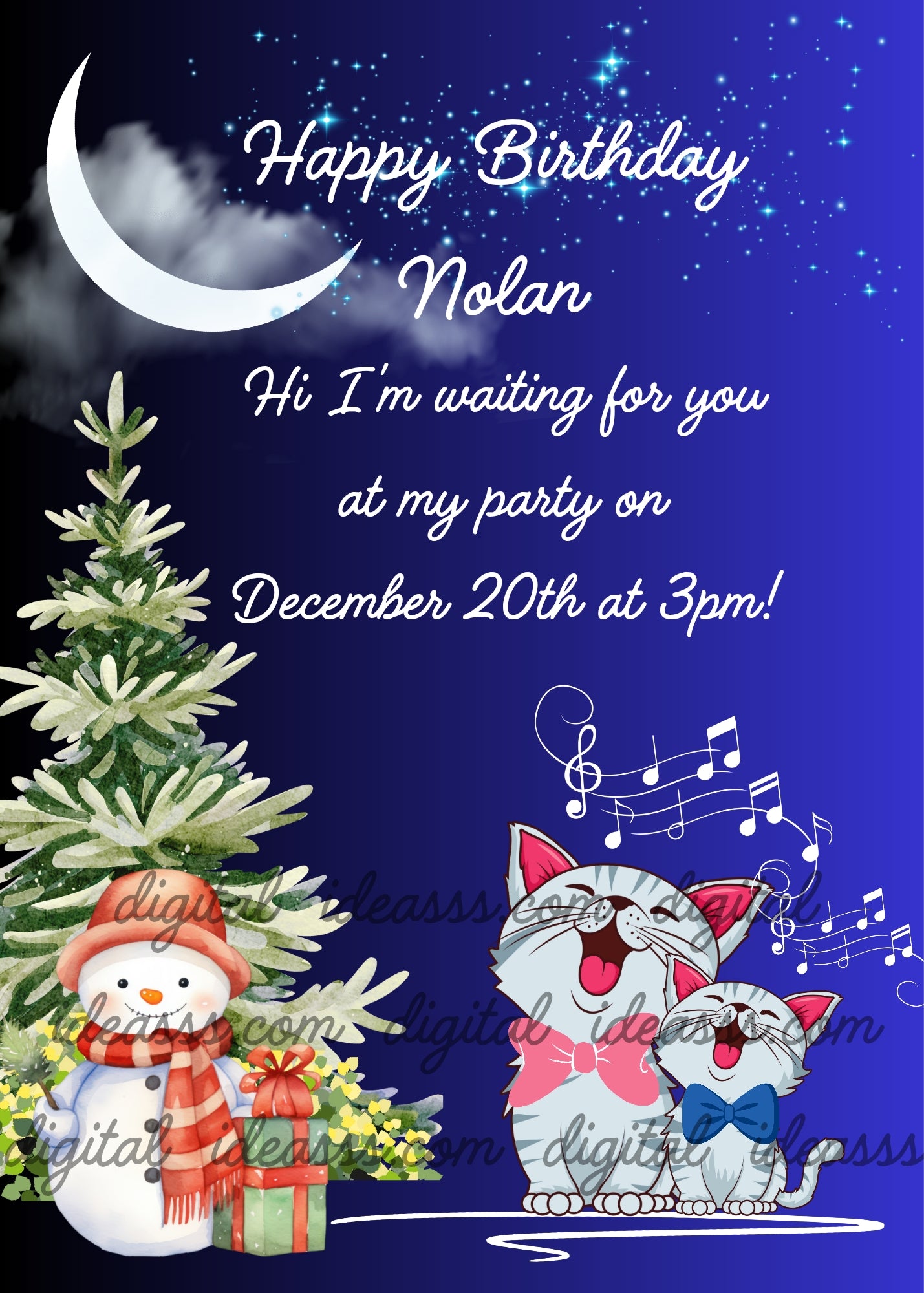 Two cats singing with musical notes next to a snowman and a Christmas tree under a crescent moon on a deep blue night sky background — birthday card for kids 1-9
