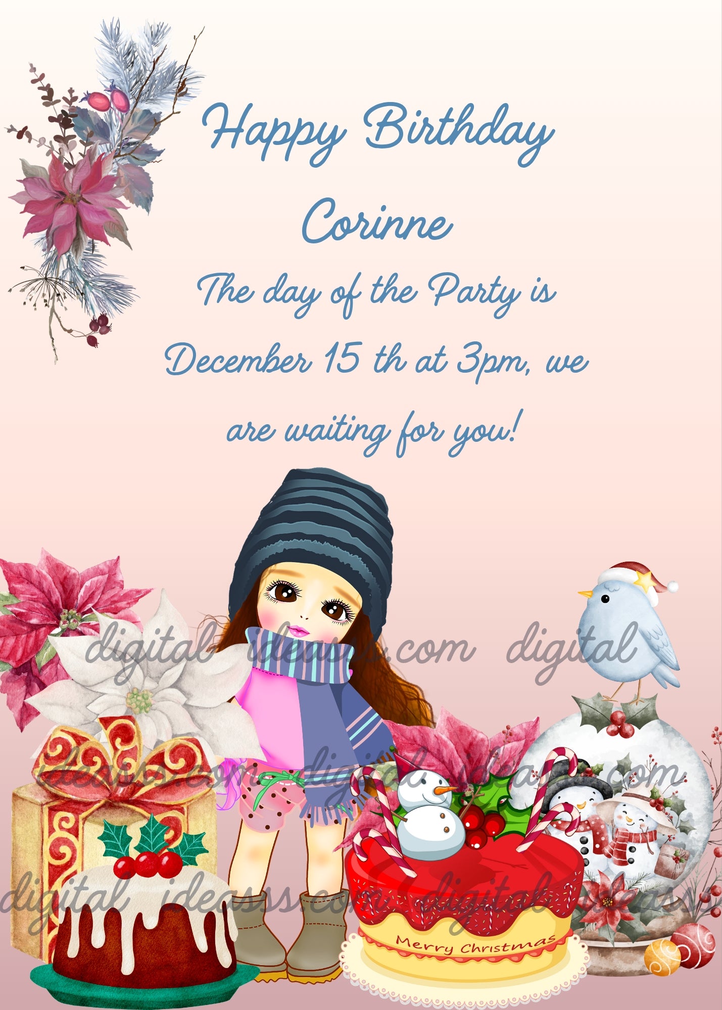  Sweet girl with blue striped hat and lilac scarf surrounded by poinsettias, snow globe with snowmen, Red Velvet cake and festive gifts on a soft pink background — Christmas birthday card for girls aged 6 to 14