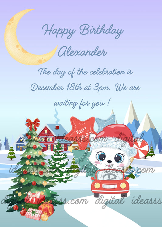 Trilly, the cute white cat mascot with a Santa hat, driving a red car carrying a Christmas tree, next to a decorated Christmas tree with gifts, a crescent moon and a snowy village with mountains in the background — Christmas birthday card for children aged 1 to 9