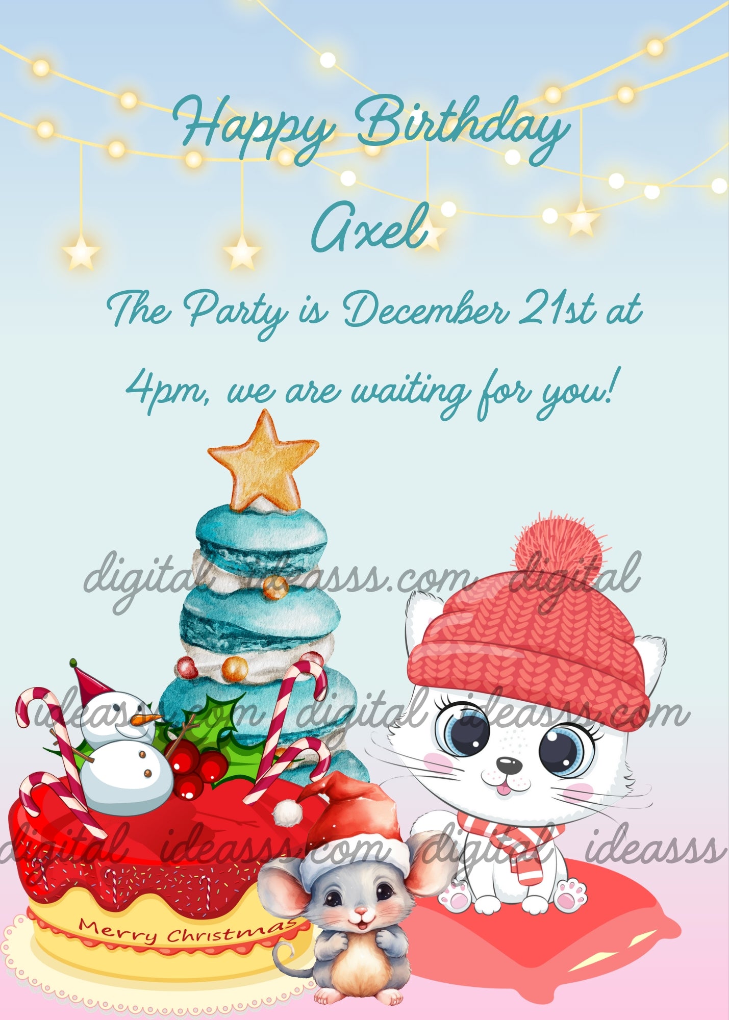 A cute white kawaii kitten wearing a red knitted hat and striped scarf sitting next to a red cherry Christmas cake decorated with candy canes, holly leaves, and a little snowman, with a Christmas tree made of stacked teal macarons and a star cookie on top rising behind the cake, with a small grey mouse wearing a Santa hat in front, and warm fairy lights in the background on a soft blue-to-pink gradient background — birthday card for children aged 1 to 10