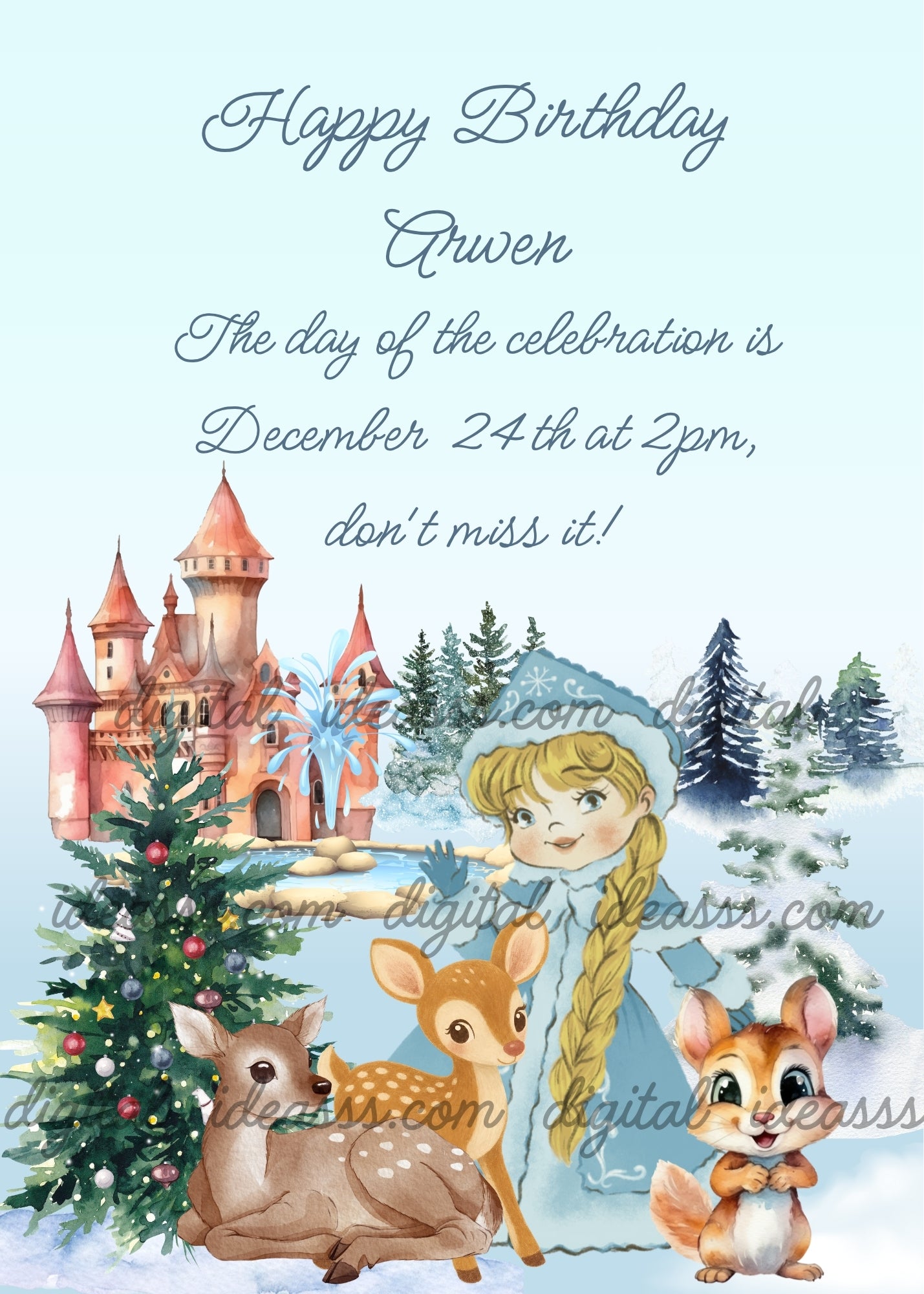  A princess with blonde braid wearing a light blue coat with white fur, one squirrel on the right, two deer on the snowy ground one lying down, a decorated Christmas tree on the left, a pink castle with towers in the background, snow-covered fir trees, on a soft blue winter background — birthday card for girls aged 6 to 14