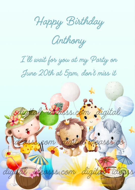  Cute kawaii jungle animals celebrating with tropical cocktails on clouds: a little monkey wearing a straw hat, a lion cub, a baby giraffe, and a gray elephant, surrounded by colorful balloons, golden stars, and tropical drinks on a soft pastel blue background — birthday card for children aged 1 to 9