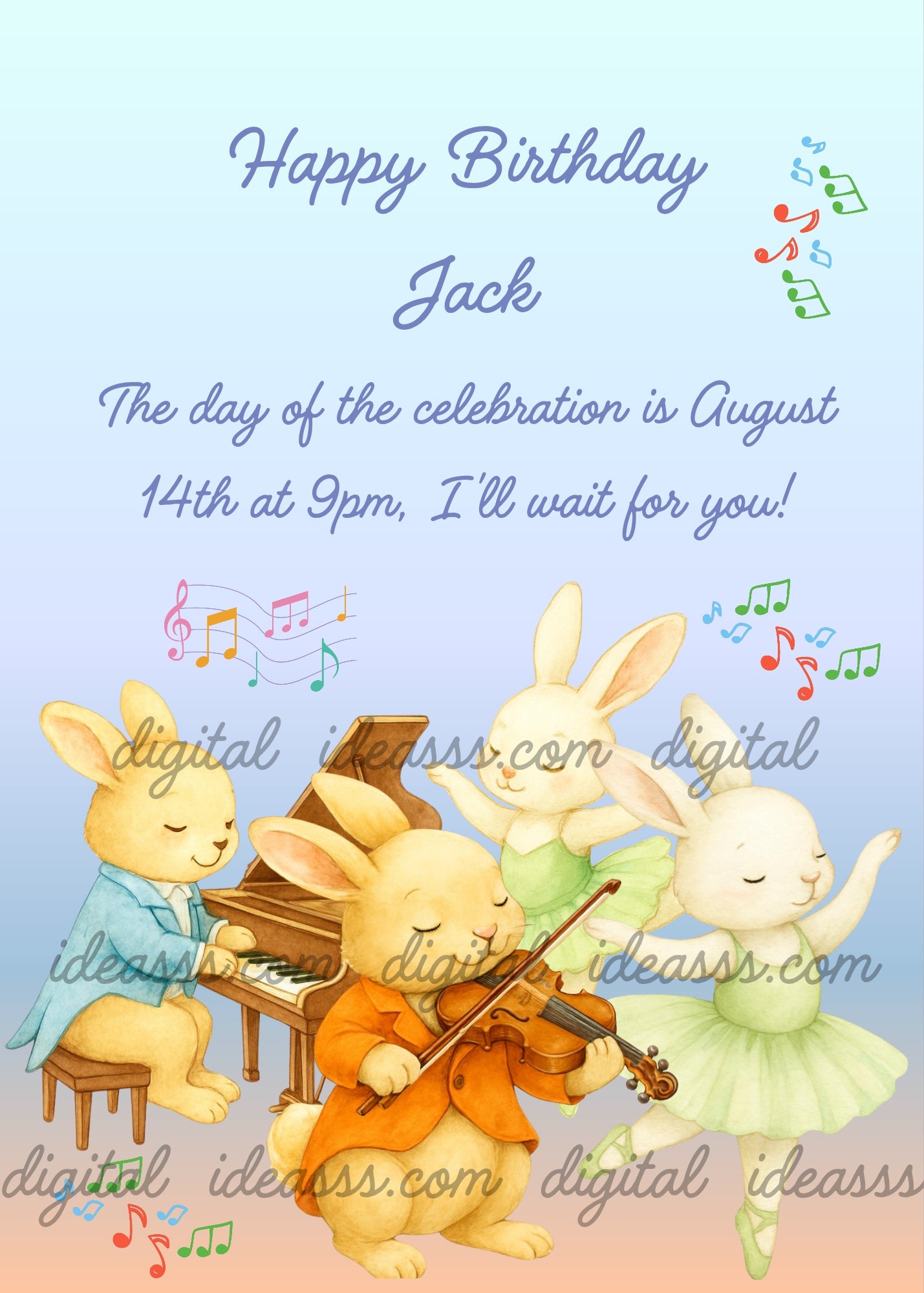 Four cute bunnies playing piano and violin with colorful musical notes while two bunny ballerinas dance in green tutus on a soft blue and peach background — birthday card for children 1-9
