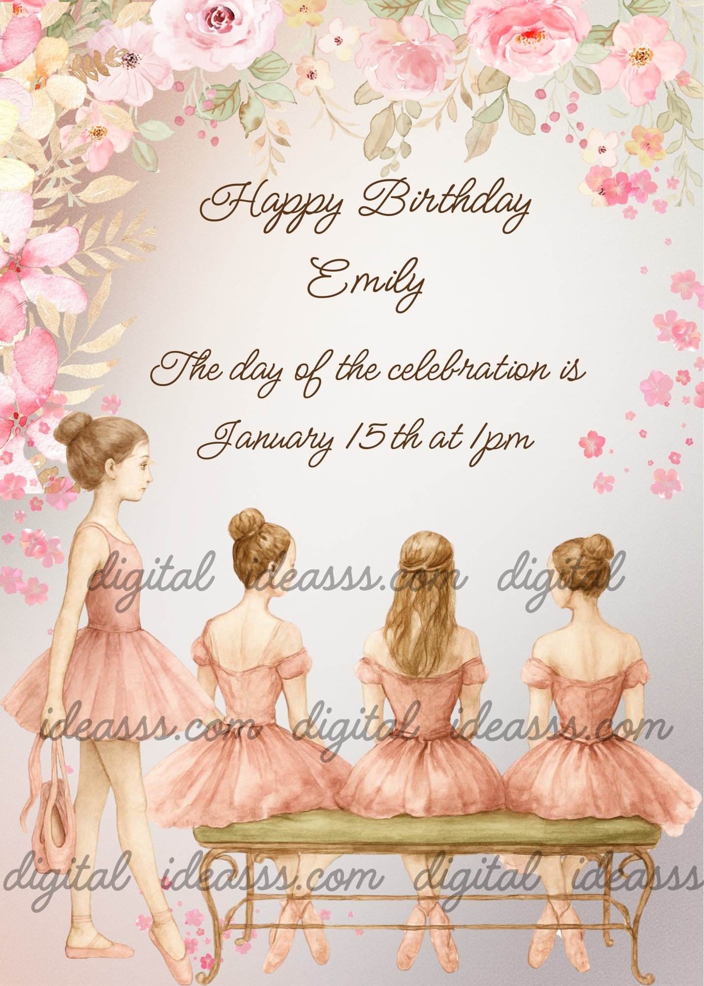  Four elegant ballerinas in blush pink dresses sitting on a bench with one standing ballerina surrounded by pink roses and flowers on a soft grey and pink background — birthday card for girls 10-14
