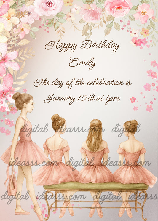  Four elegant ballerinas in blush pink dresses sitting on a bench with one standing ballerina surrounded by pink roses and flowers on a soft grey and pink background — birthday card for girls 10-14
