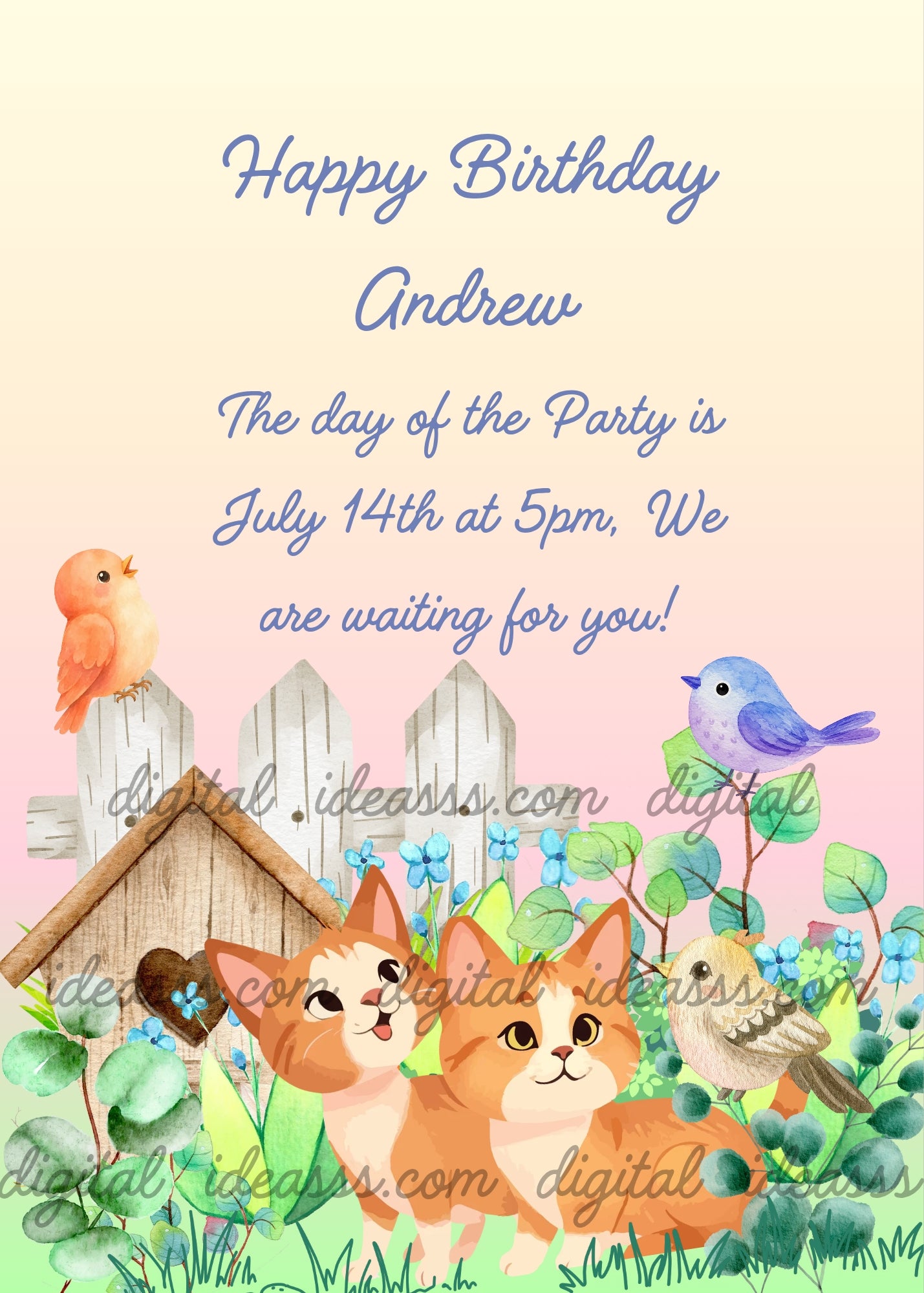 Two curious orange kittens in a spring garden with a wooden birdhouse, blue flowers, and colorful birds on a warm pastel yellow-pink background — birthday card for kids aged 1 to 12
