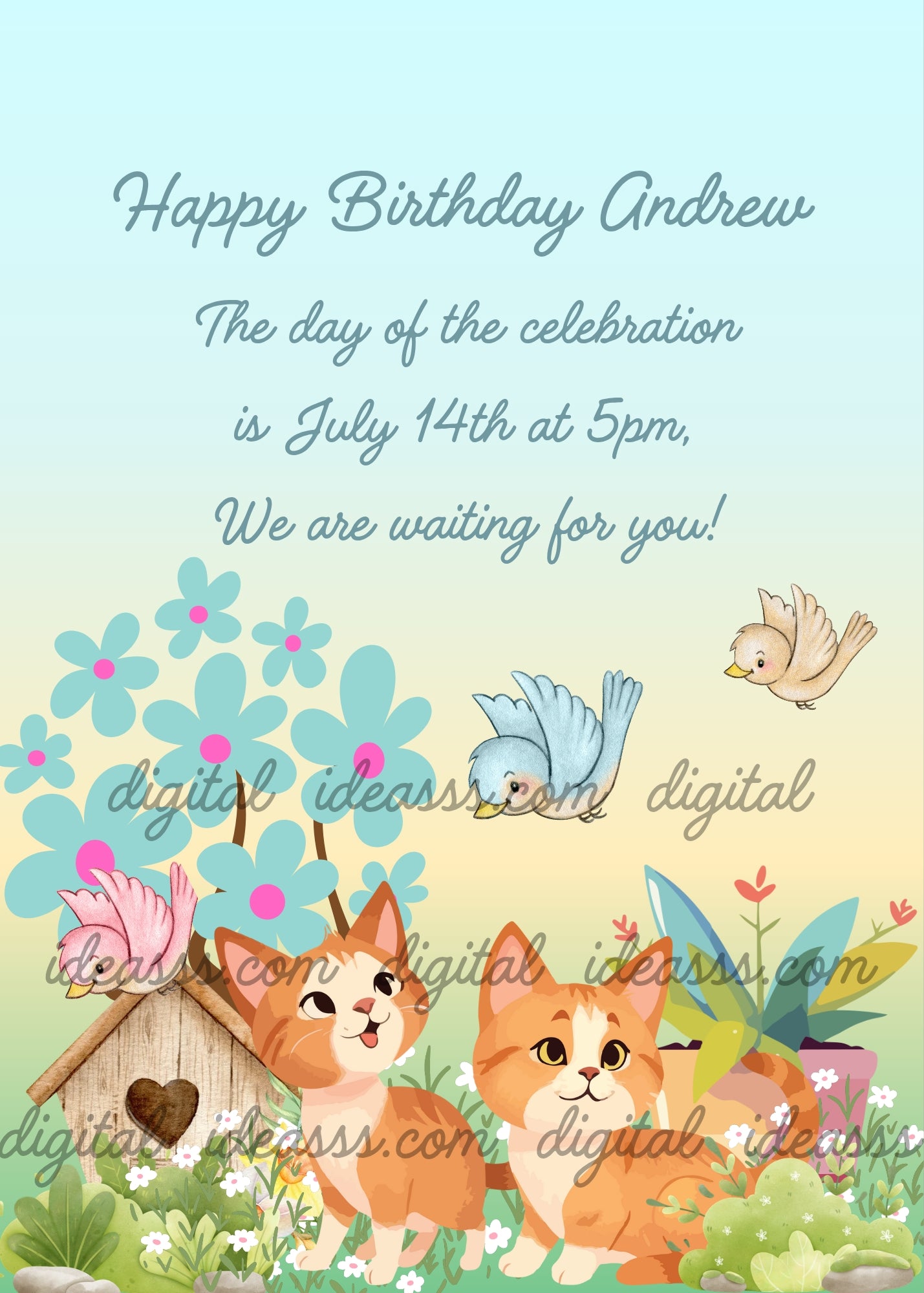 Two curious orange kittens in a spring garden watch birds flying near a wooden birdhouse and turquoise flowers - printable birthday card for kids 1-12