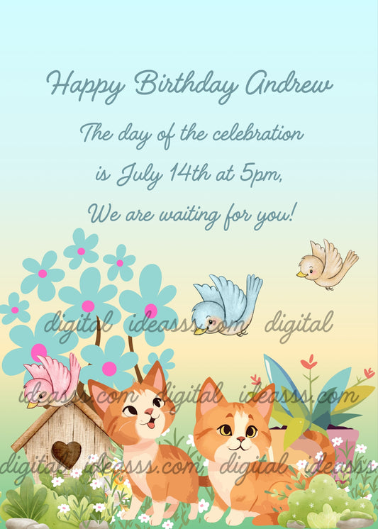 Two curious orange kittens in a spring garden watch birds flying near a wooden birdhouse and turquoise flowers - printable birthday card for kids 1-12