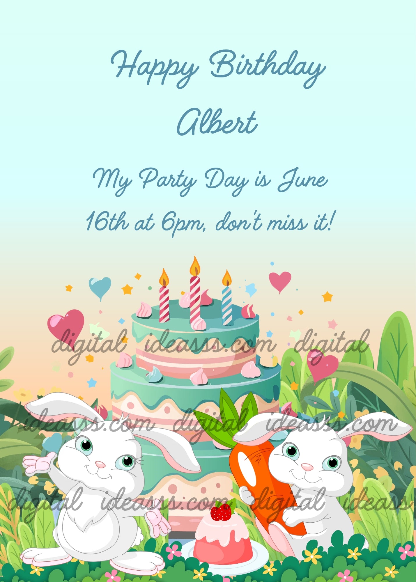  Two adorable white kawaii bunnies sitting together in a lush green garden, one playfully hugging a bright orange carrot, with a gorgeous two-tier teal and pink birthday cake decorated with pink rosettes and colorful striped candles between them, cheerful hearts, stars, and festive decorations floating in the air, on a soft blue-to-peach gradient background with green tropical leaves — birthday card for children aged 1 to 10