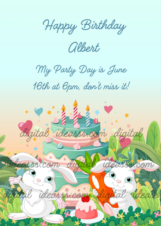  Two adorable white kawaii bunnies sitting together in a lush green garden, one playfully hugging a bright orange carrot, with a gorgeous two-tier teal and pink birthday cake decorated with pink rosettes and colorful striped candles between them, cheerful hearts, stars, and festive decorations floating in the air, on a soft blue-to-peach gradient background with green tropical leaves — birthday card for children aged 1 to 10