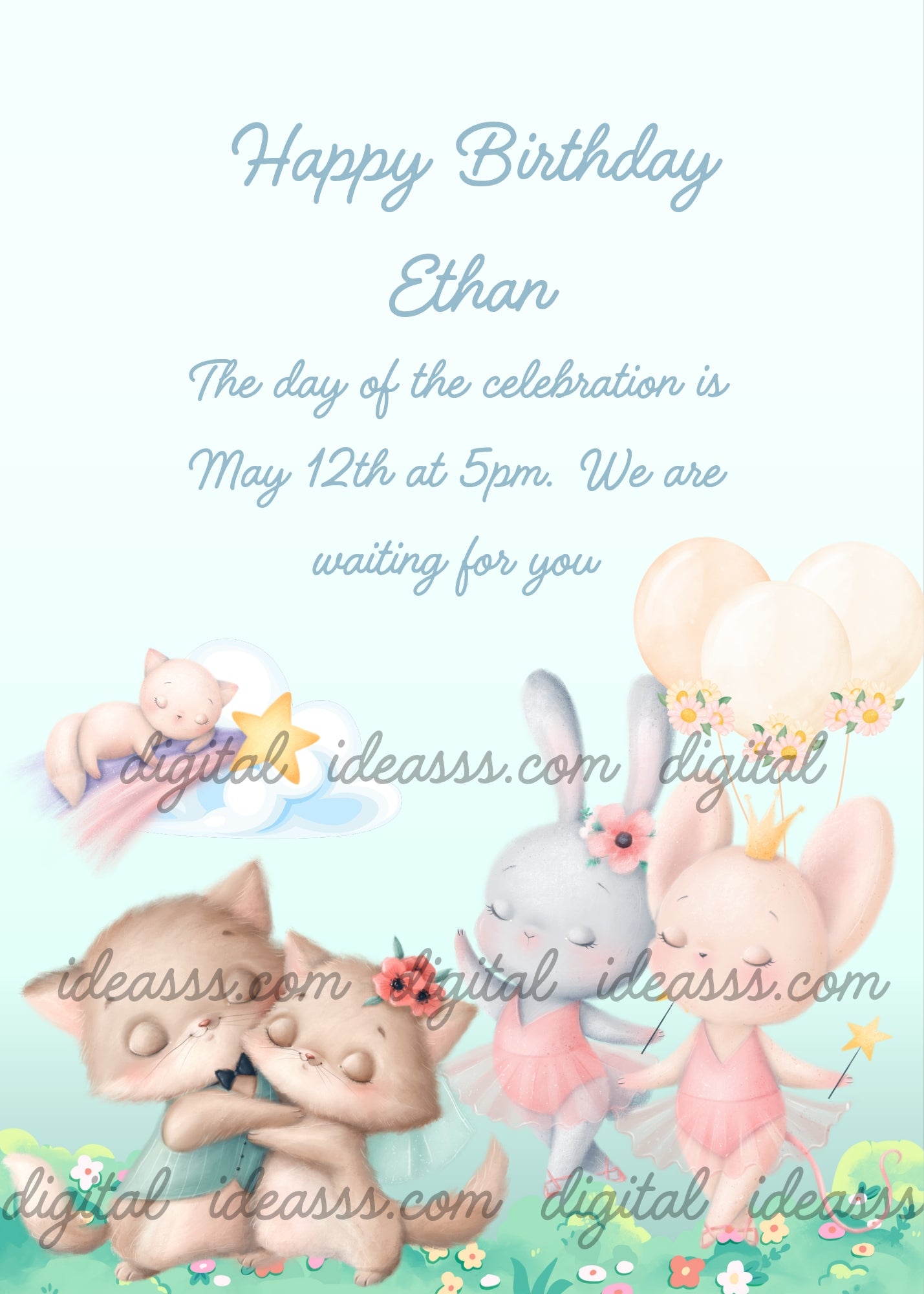Two cute kittens dancing together with a bunny ballerina and a mouse princess holding balloons and a magic wand with a sleeping cat on a cloud and a golden star on a soft blue background — birthday card for children 1-8