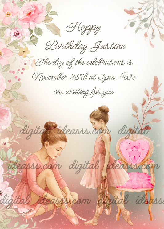 An elegant ballerina tying her pointe shoes and a little ballerina holding her shoes next to a pink heart-shaped chair surrounded by pink roses and flowers on a soft peach background — birthday card for girls 10-14