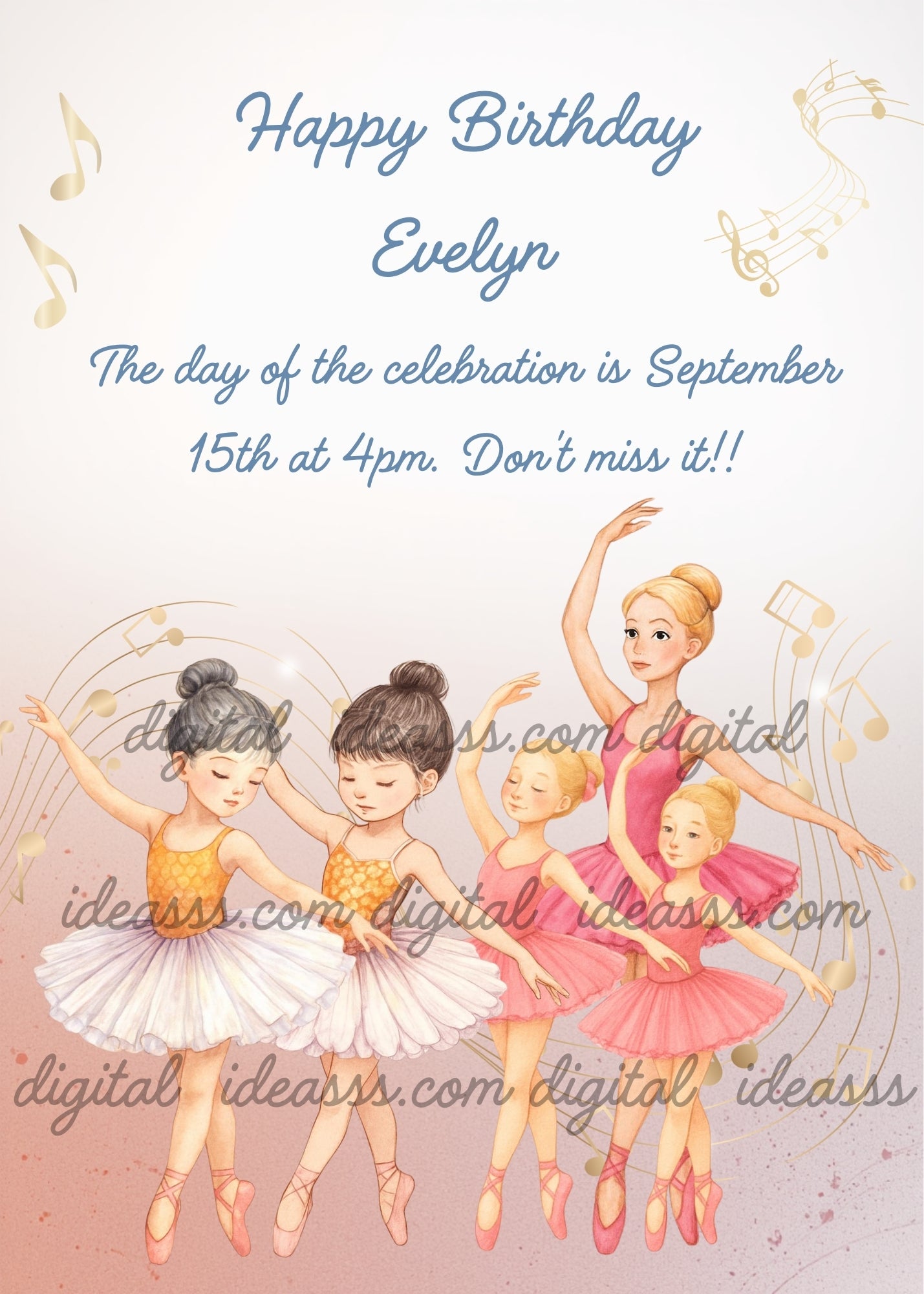 A blonde ballet teacher in pink with four little ballerinas in white and pink tutus dancing with golden musical notes on a soft peach background — birthday card for girls 6-14