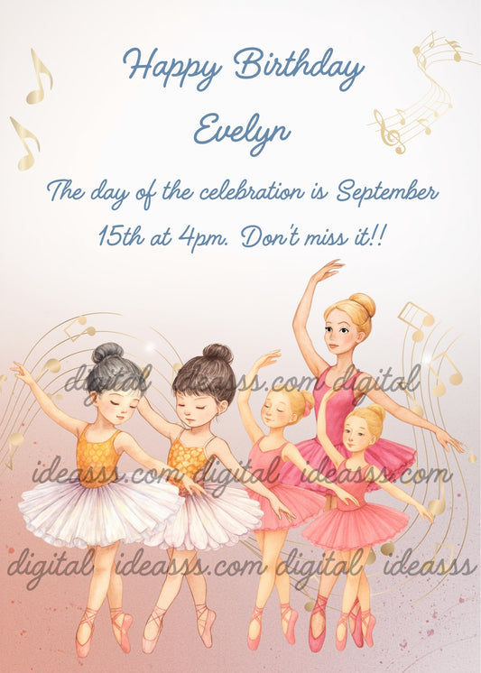 A blonde ballet teacher in pink with four little ballerinas in white and pink tutus dancing with golden musical notes on a soft peach background — birthday card for girls 6-14