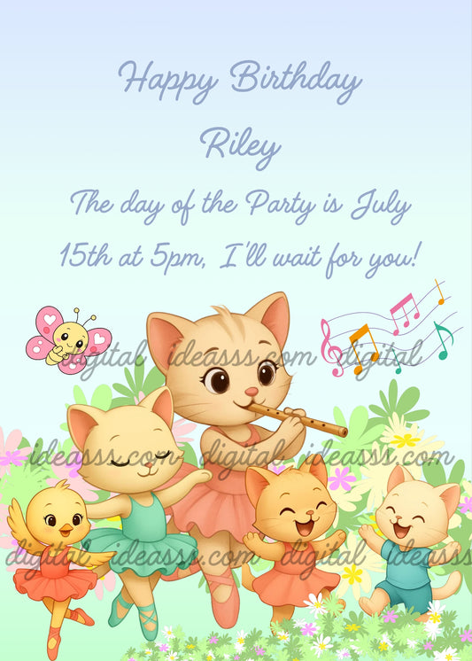  A cat ballerina playing flute with three kittens and a little bird dancing with colorful musical notes and a butterfly on a soft green and blue background — birthday card for children aged 1 to 9
