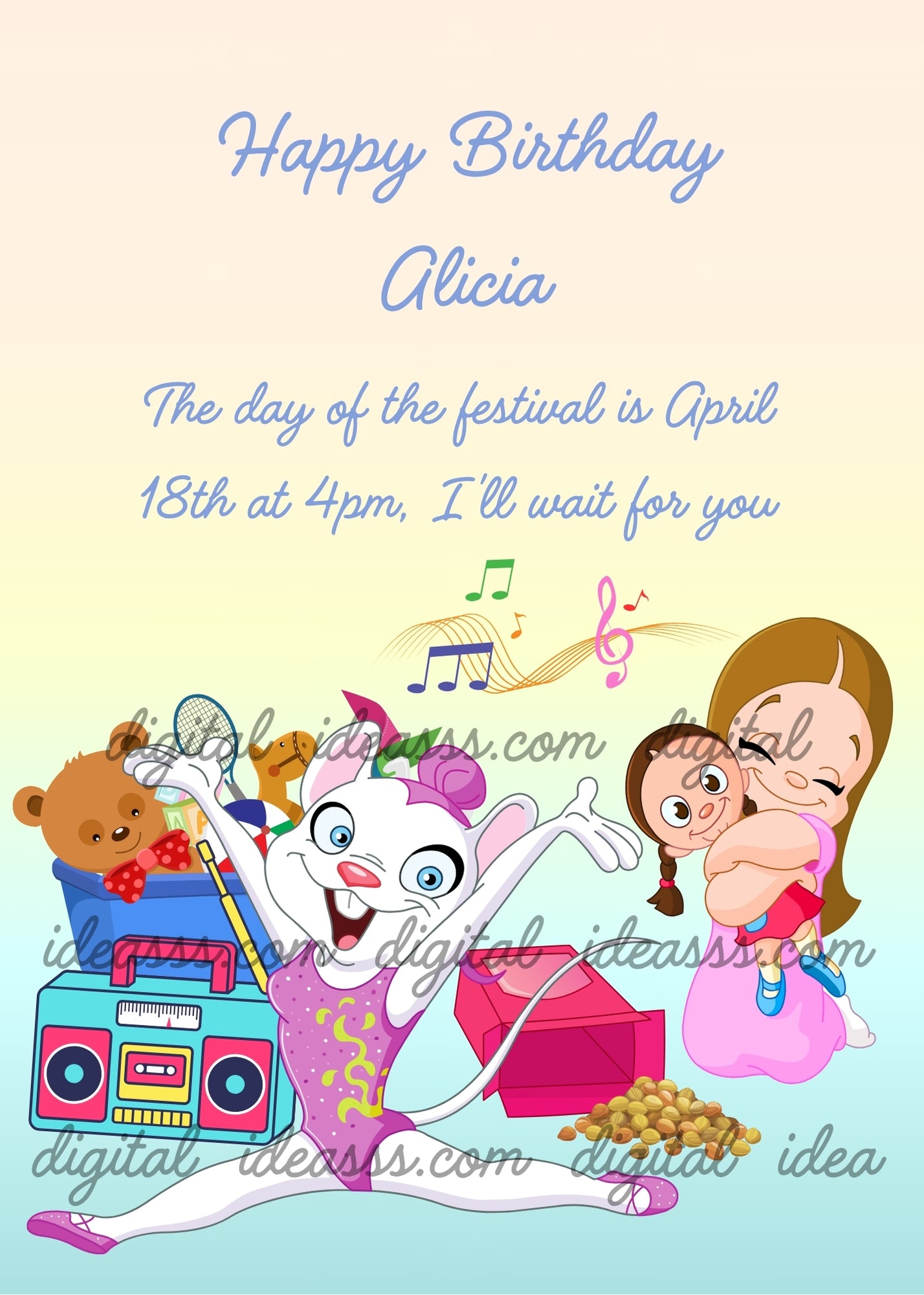 A cheerful cat ballerina dancing with a little girl holding a doll next to a colorful radio and toys with musical notes on a soft yellow and blue gradient background — birthday card for girls 3-10