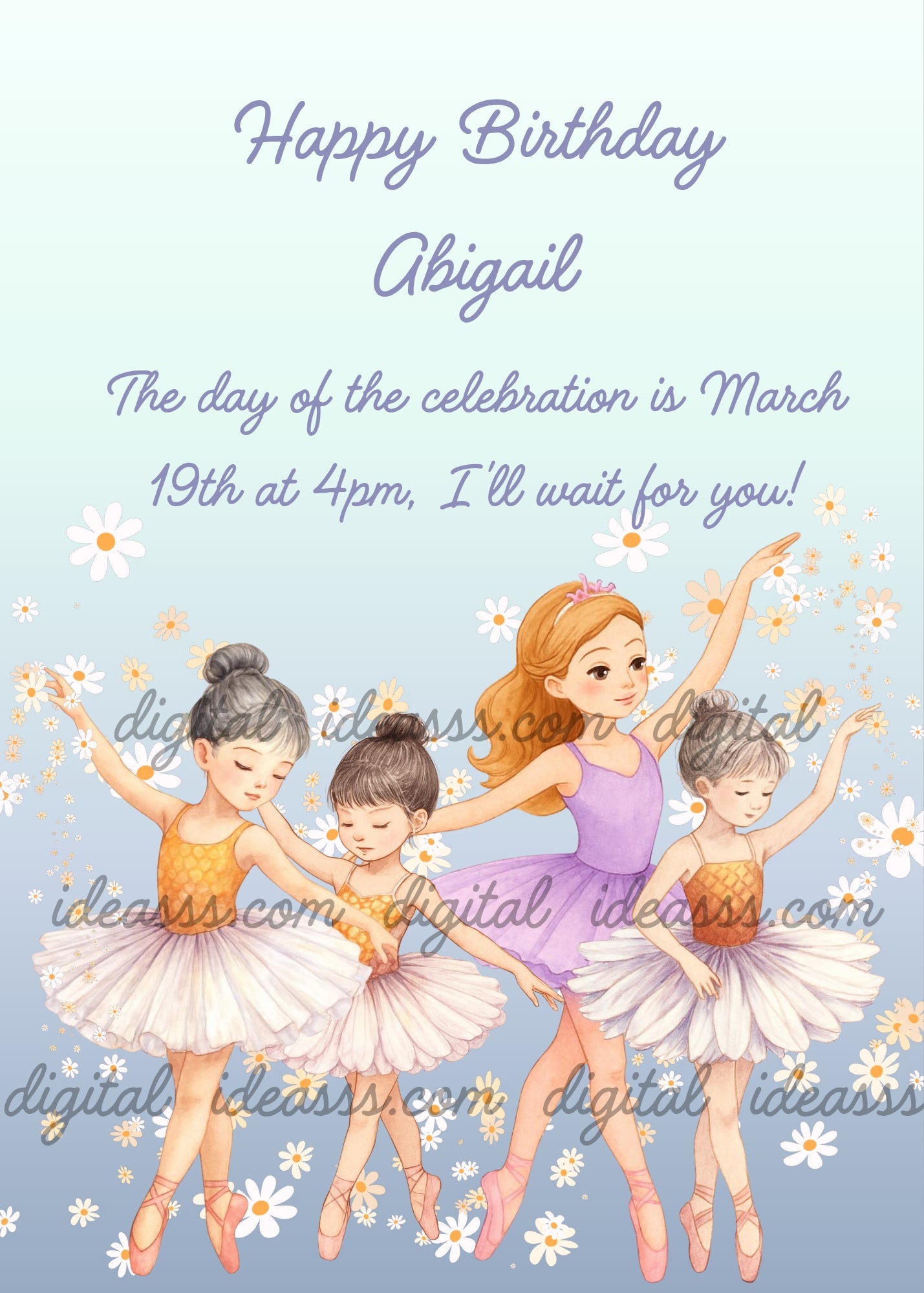 Four graceful ballerinas dancing among white daisies, older ballerina in lilac tutu, three younger dancers in white daisy petal tutus, golden sparkles on a soft light blue background — birthday card for girls aged 6 to 12