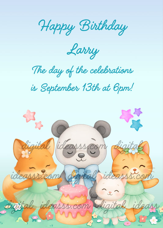 An orange tabby kitten in a green tutu dancing on the right, an orange fox in a mint green tutu dancing with open arms, a little white kitten and a panda birthday boy with a blue bow next to a pink birthday cake with colorful stars on a soft blue background — birthday card for children 1-9