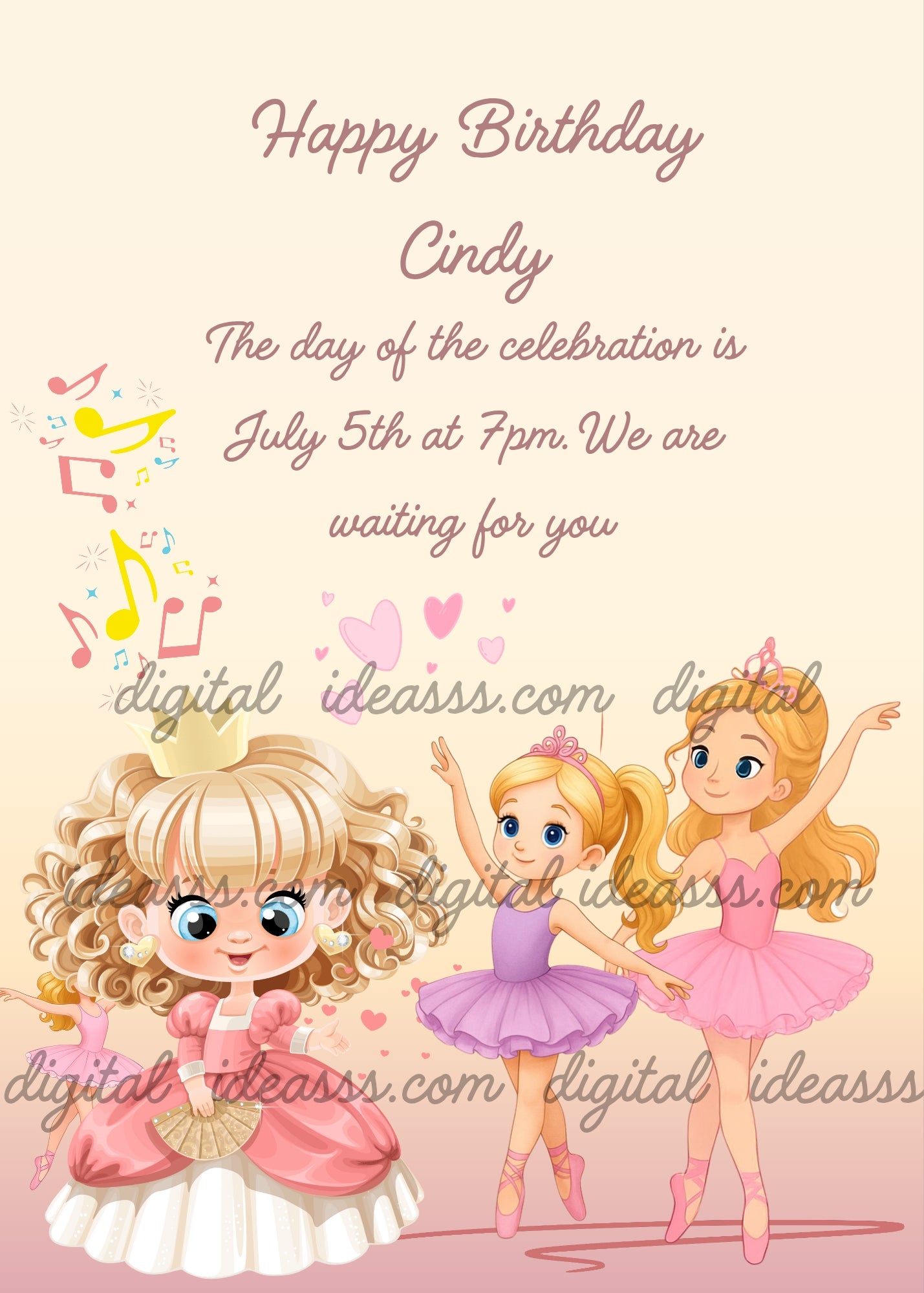  A curly-haired princess in pink with two blonde ballerinas in pink and purple tutus dancing with colorful musical notes and hearts on a soft peach background — birthday card for girls 6-13
