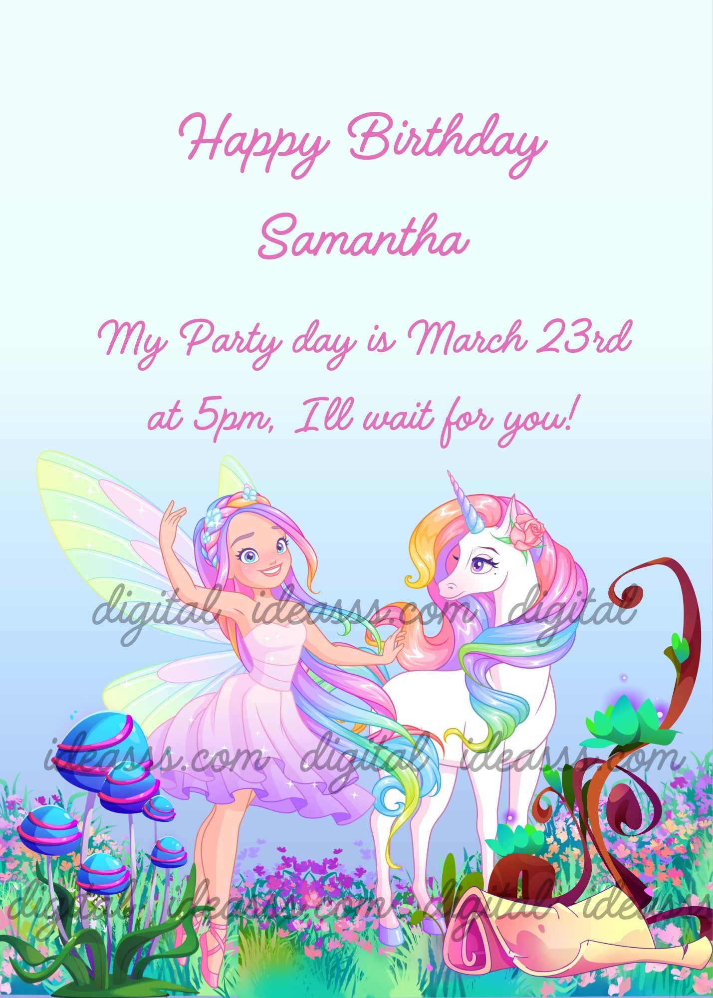 Cute fairy with rainbow hair and lilac dress dancing next to a white unicorn with multicolored mane, surrounded by colorful mushrooms and flowers on a light blue background — birthday card for girls aged 6 to 12