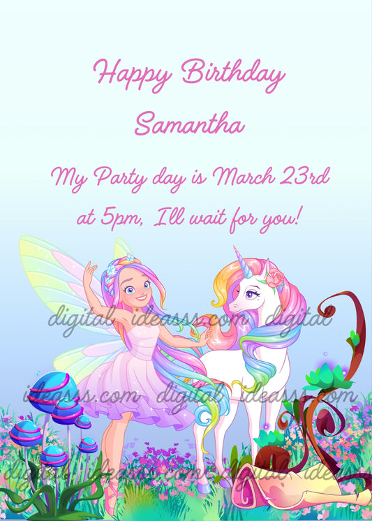 Cute fairy with rainbow hair and lilac dress dancing next to a white unicorn with multicolored mane, surrounded by colorful mushrooms and flowers on a light blue background — birthday card for girls aged 6 to 12
