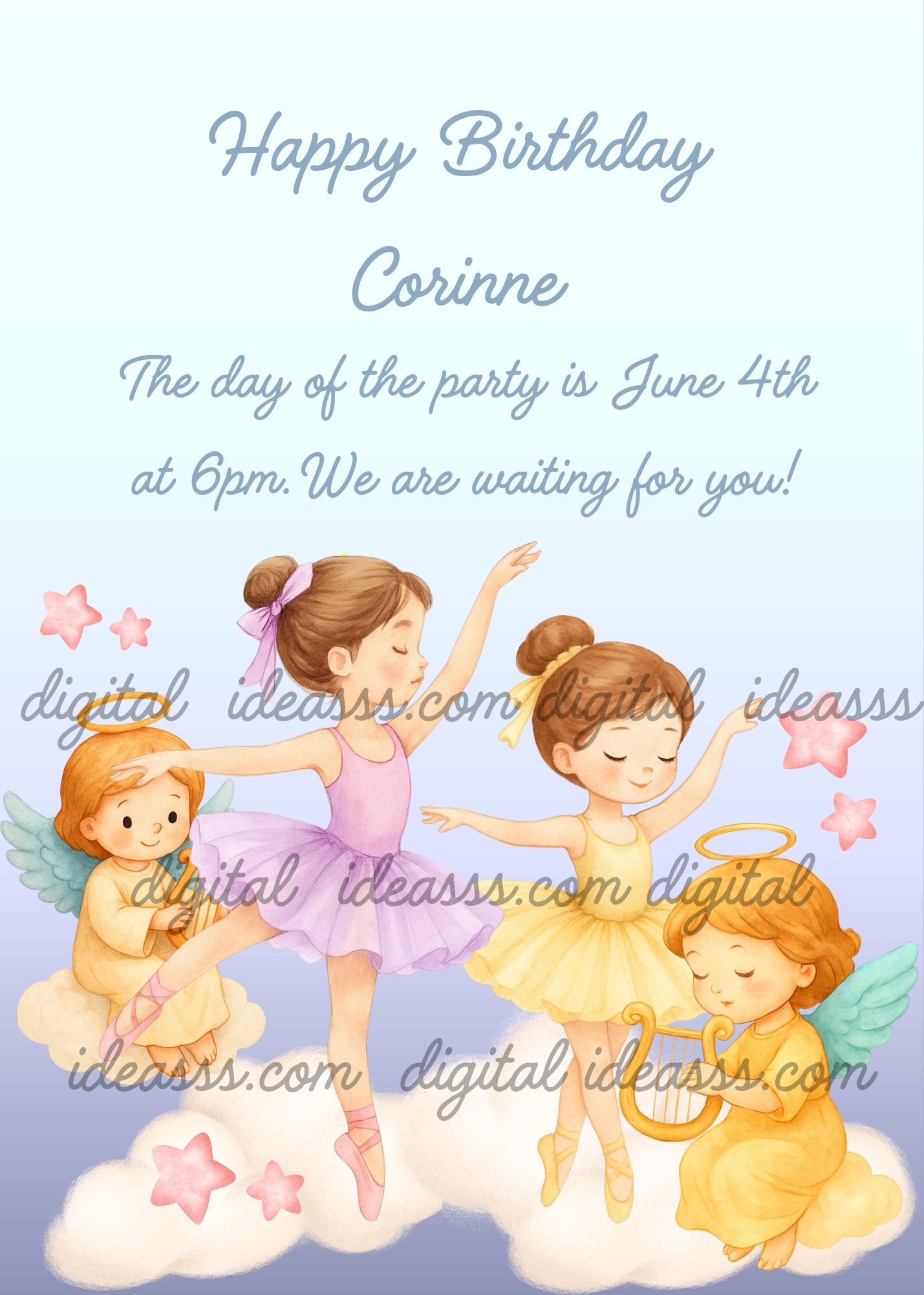 Two little ballerinas in purple and yellow tutus dancing on clouds with two little angels playing harp surrounded by pink stars on a soft blue background — birthday card for girls 1-9