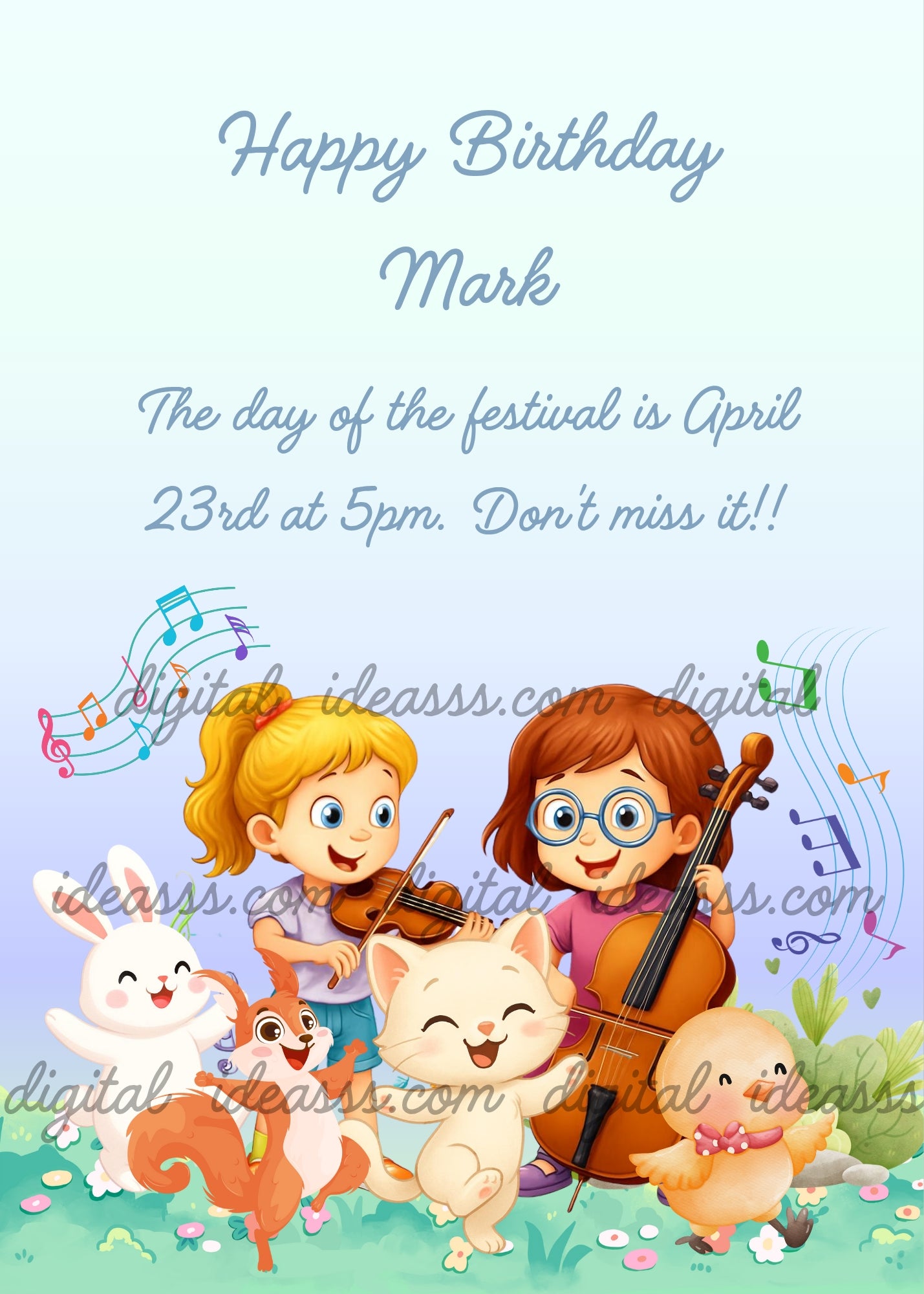 A girl playing violin and a boy with glasses playing cello with a happy white cat, a bunny, a squirrel and a little duck dancing in a green meadow with colorful musical notes on a soft blue background — birthday card for children 3-10