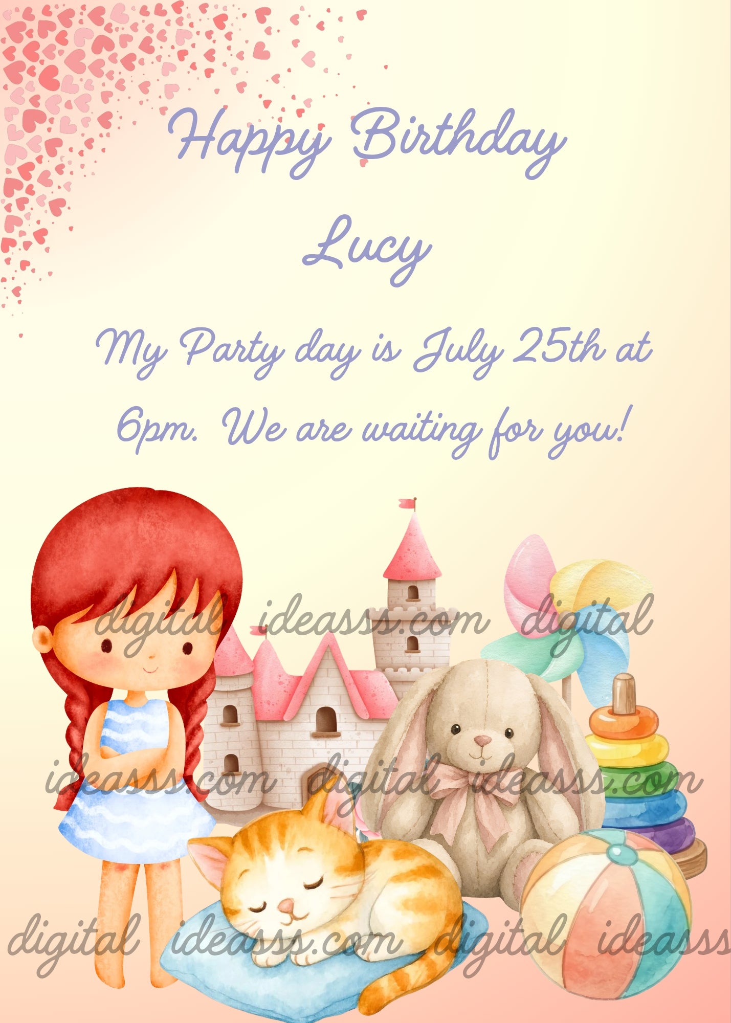 Sweet girl with red braids in blue dress watching her sleeping orange kitten on a cushion, surrounded by a pink castle, bunny plush, toy rings, balloon and beach ball on a soft peach gradient background with pink hearts — birthday card for girls aged 4  to 12 