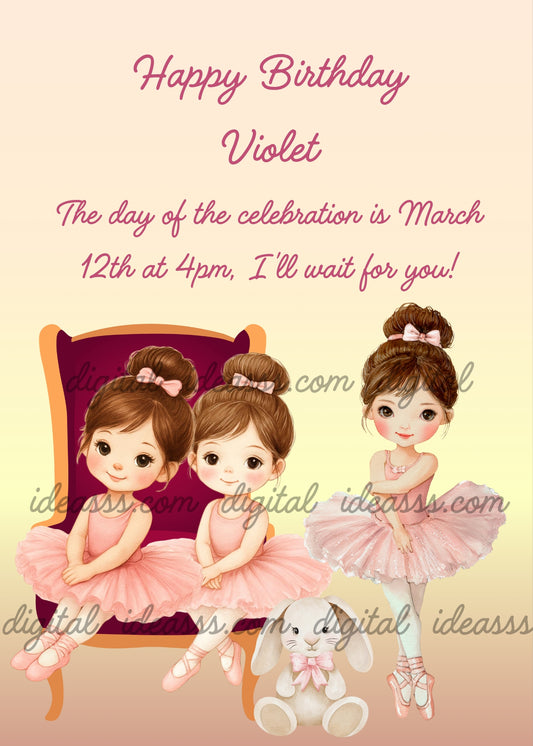  Three little ballerinas with brown hair and pink tutus, two sitting on a purple velvet chair and one standing in ballet pose with a white bunny toy on a soft peach background — birthday card for girls 6-12