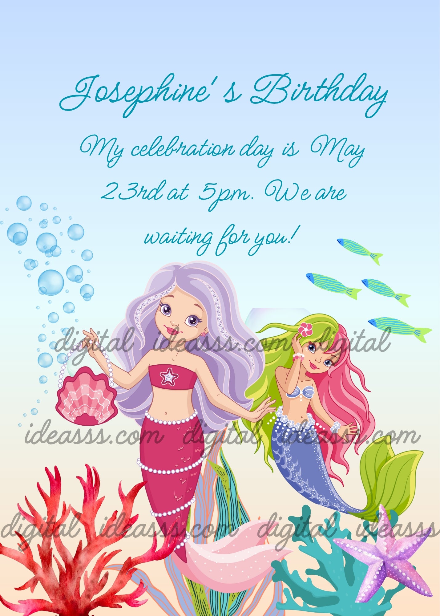 Two elegant mermaids, one with lilac hair and pink tail holding a shell purse, one with green and pink hair and blue tail, red and turquoise corals, lilac starfish and fish — birthday card for girls aged 9 to 14