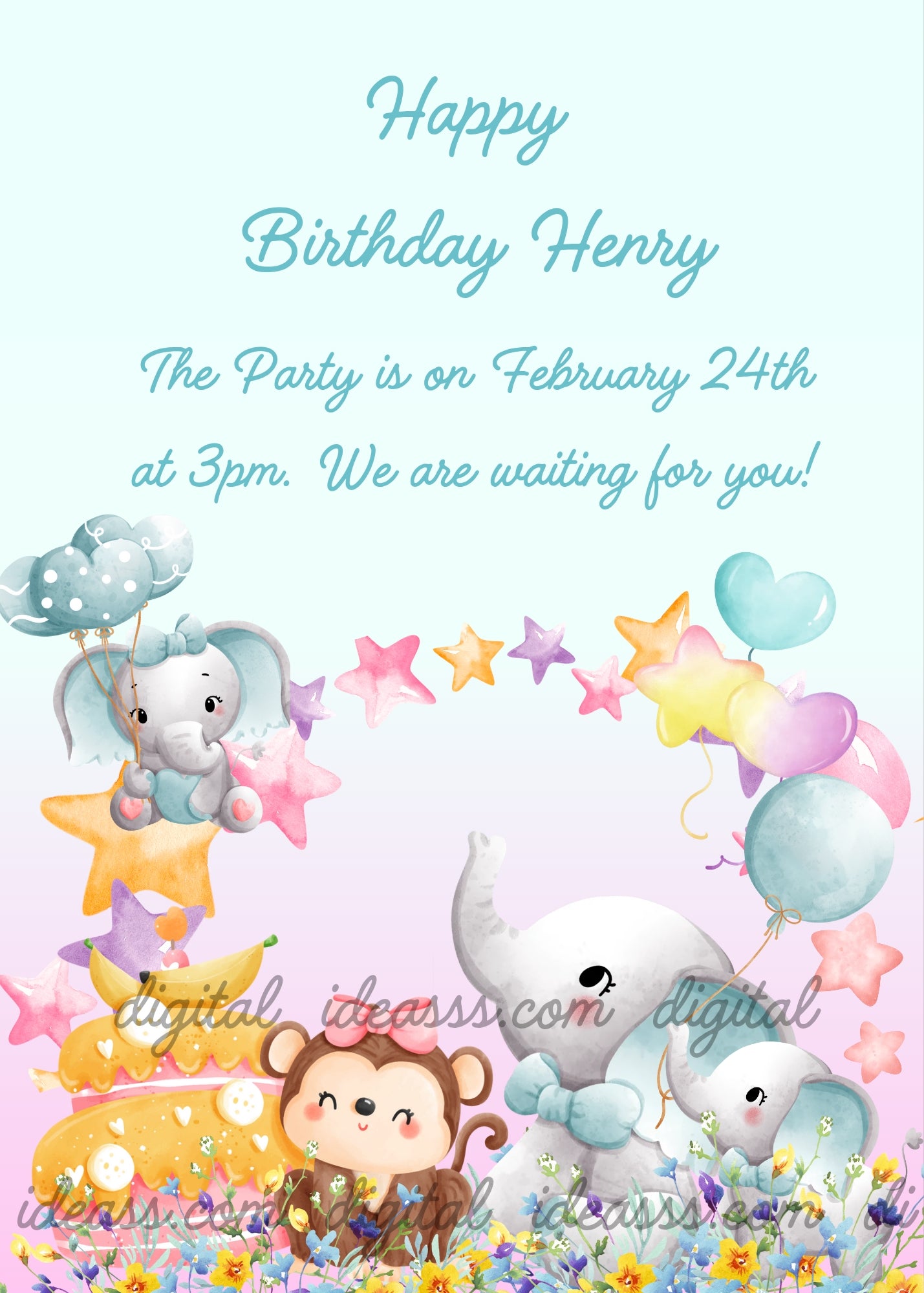 A sweet kawaii baby elephant with a light blue bow sitting on a yellow star with heart balloons, a brown monkey with a banana cake, and a white mama elephant with her baby surrounded by colorful stars, light blue balloons, and flowers on a soft blue and pink pastel background — birthday card for children aged 1 to 9