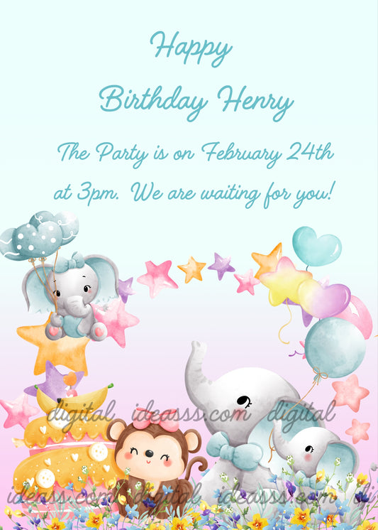 A sweet kawaii baby elephant with a light blue bow sitting on a yellow star with heart balloons, a brown monkey with a banana cake, and a white mama elephant with her baby surrounded by colorful stars, light blue balloons, and flowers on a soft blue and pink pastel background — birthday card for children aged 1 to 9