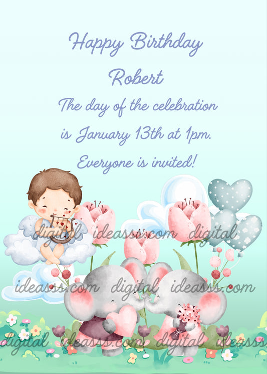  A sweet baby Cupid sitting on a cloud playing a lyre, and two adorable kawaii gray elephant cubs among pink tulips and flowers, with blue and gray heart-shaped balloons on a pastel blue and green background — birthday card for children aged 1 to 9