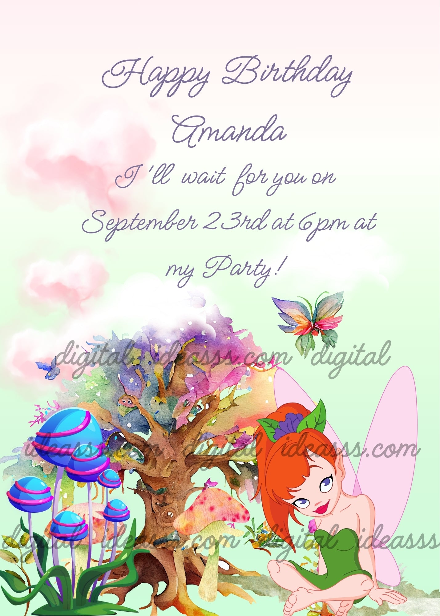 A cartoon fairy with red hair and pink wings sitting near a magical watercolor tree with colorful foliage, blue and purple cartoon mushrooms and butterflies on a soft pink and mint green background — birthday card for girls aged 9 to 14