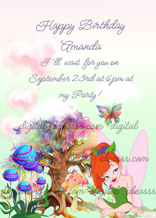 A cartoon fairy with red hair and pink wings sitting near a magical watercolor tree with colorful foliage, blue and purple cartoon mushrooms and butterflies on a soft pink and mint green background — birthday card for girls aged 9 to 14