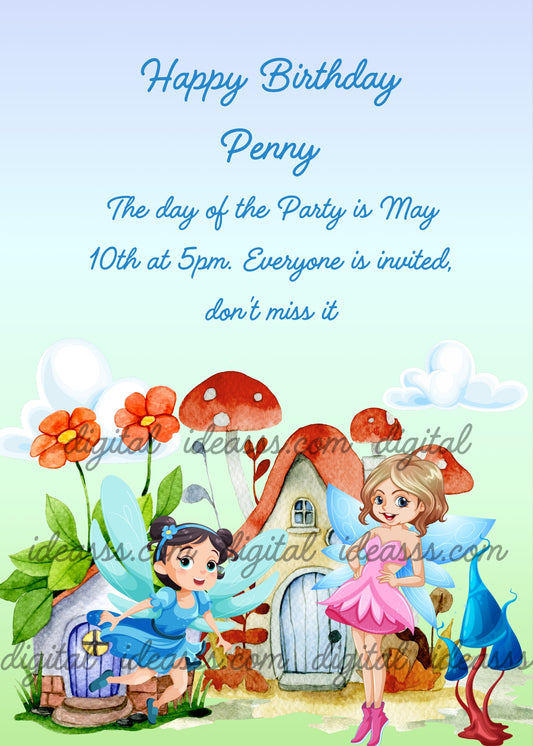 Two cute fairies in blue and pink dresses in front of magical mushroom houses with orange flowers and colorful toadstools on a soft blue green background — printable birthday card for girls ages 8 to 14