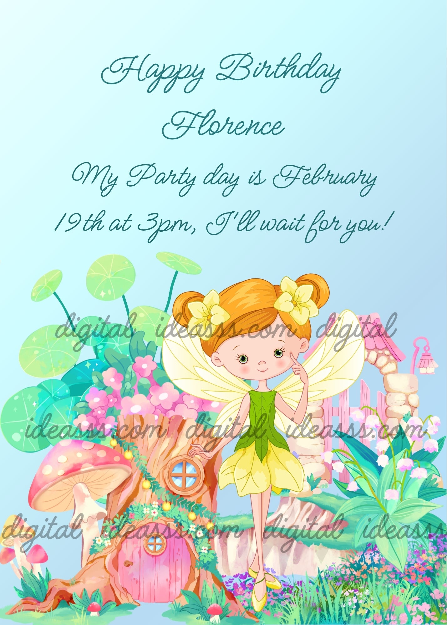 Fairy with orange hair and yellow flowers wearing a green and yellow leaf dress, decorated tree stump with green plants and pink flowers, large pink mushroom beside it, giant round lily pad leaves above, pink and white flowers all around, pink lantern on the right, soft light blue background — birthday card for girls aged 8 to 14